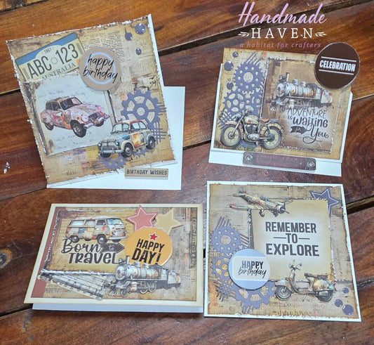 Four handmade masculine cards using Uniquely Creative Wings and Wheels papers and Mini Cut-a-part circles, featuring vintage cars, motorcycle, biplane and scooter with sentiments Happy Birthday, Birthday Wishes, Celebration, Born to Travel, Happy Day and Remember to Explore 