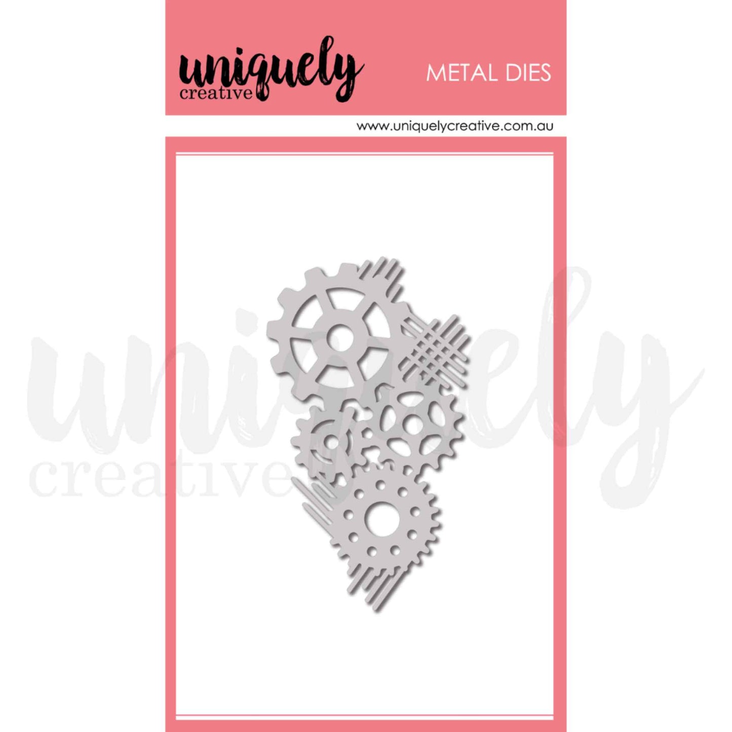 Uniquely Creative Cogs Texture Die UCD2242 metal die approximately 2.25 by 3.75 inches showing a cluster of three interlocking gear cogs with speed line accents