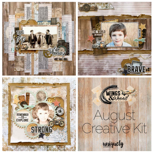 Uniquely Creative Wings and Wheels August Creative Kit showing three completed scrapbook layouts with Take a Trip, Brave, Strong and Remember to Explore sentiments featuring men and boys photos with vintage vehicles, corrugated cardboard, metal cogs and mixed media embellishments