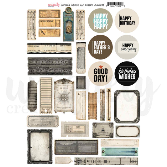 Uniquely Creative Wings and Wheels Cut-a-Part Sheet showing vintage frames, film strips, tickets, tags, labels, compass and circular sentiment pieces including Happy Happy Happy, Happy Birthday, Happy Father's Day, Good Day and Birthday Wishes in cream, tan, mocha and black