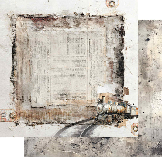 Uniquely Creative Wings and Wheels Far & Wide double-sided 12x12 paper showing distressed newsprint front and concrete texture reverse
