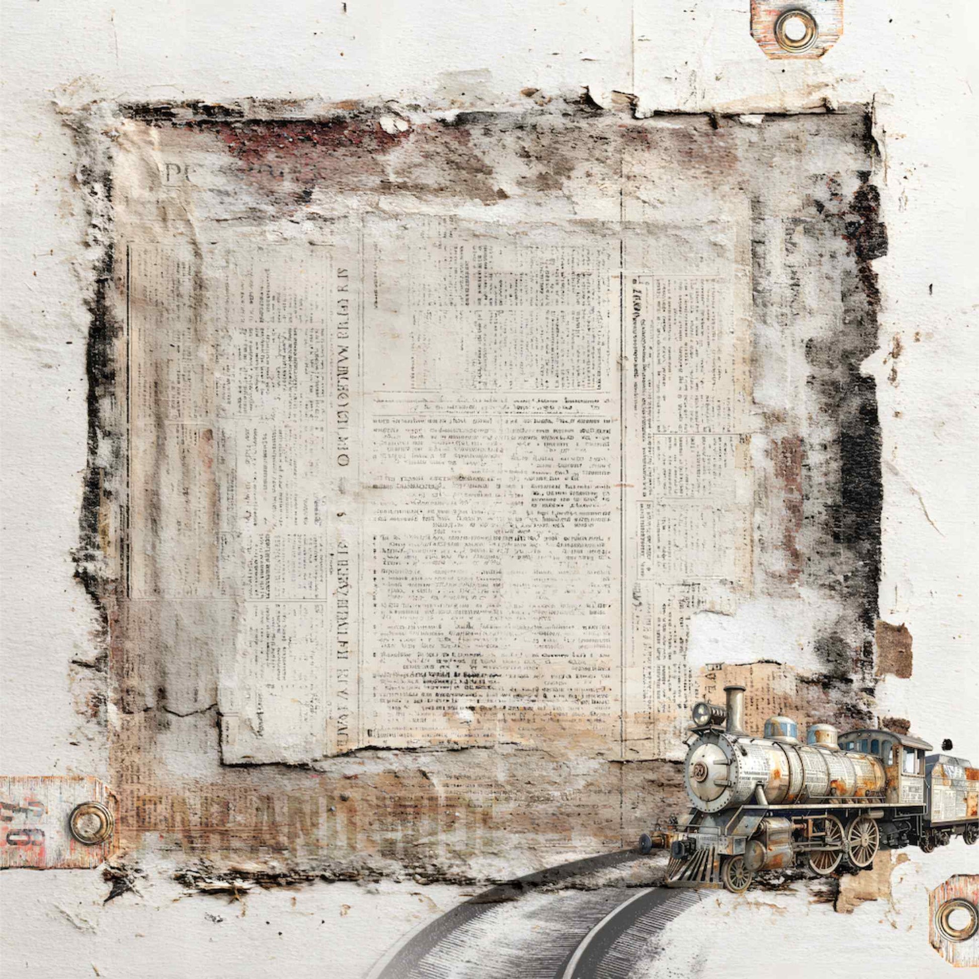 Uniquely Creative Wings and Wheels Far & Wide 12x12 paper front side, aged newsprint and peeling plaster frame with vintage steam train on railway track