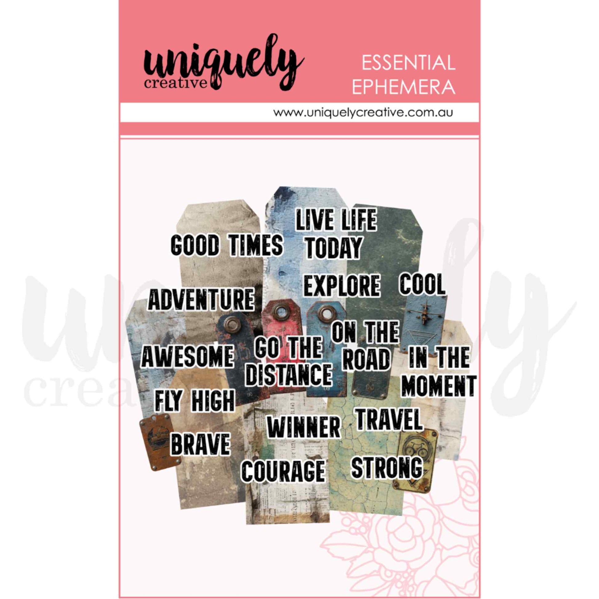 Uniquely Creative Wings and Wheels Grunge Tags and Titles die-cut ephemera showing distressed luggage tags in cream, blue, teal, rust and tan with bold word titles including Adventure, Brave, Courage, Strong, Explore, Travel, Fly High, Go the Distance, On the Road, Good Times, Live Life Today and Winner 