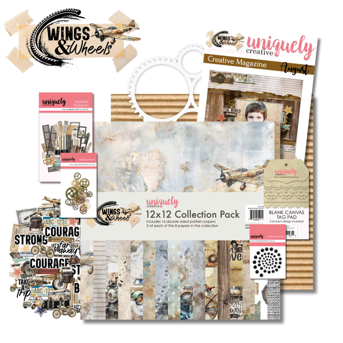  Uniquely Creative Wings and Wheels August Creative Kit flat lay showing 12x12 Collection Pack, Creative Cuts die-cuts, acetate rustic ephemera, cogs overlay, Creative Magazine, corrugated cardstock, metal cogs, Blank Canvas Tag Pad and black rhinestones