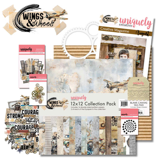 Uniquely Creative Wings and Wheels August Creative Kit flat lay showing 12x12 Collection Pack, Creative Cuts die-cuts, acetate rustic ephemera, cogs overlay, Creative Magazine, corrugated cardstock, metal cogs, Blank Canvas Tag Pad and black rhinestones