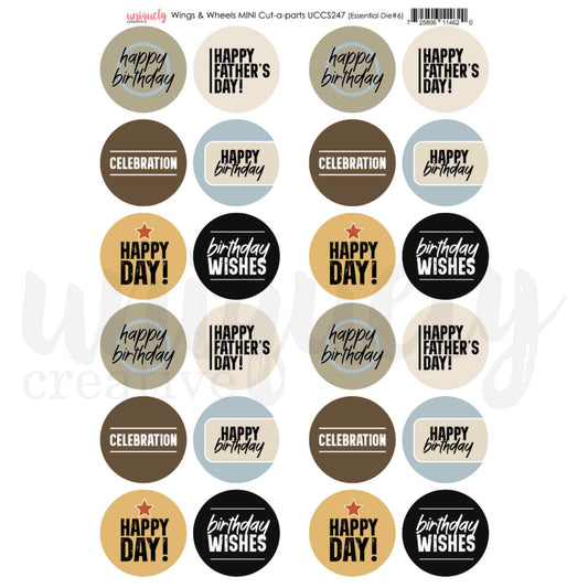Uniquely Creative Wings and Wheels Mini Cut-a-part Sheet showing circular sentiment panels in cream, tan, mocha, dusty blue and black with Happy Birthday, Happy Father's Day, Celebration, Happy Day and Birthday Wishes sentiments