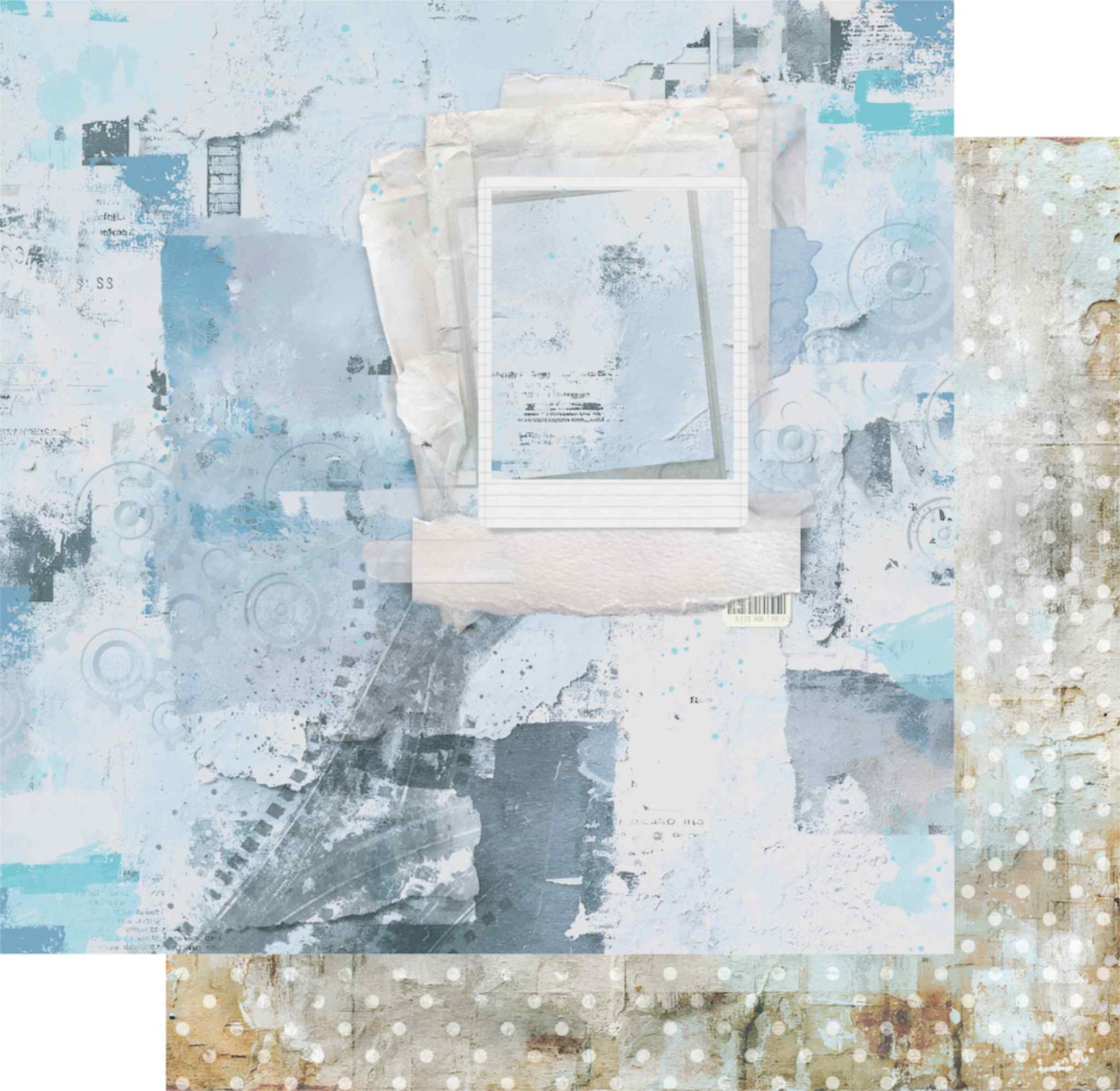 Uniquely Creative Wings and Wheels Next Exit double-sided 12x12 paper showing blue mixed media collage front with polaroid and film strip, and distressed bokeh dot reverse