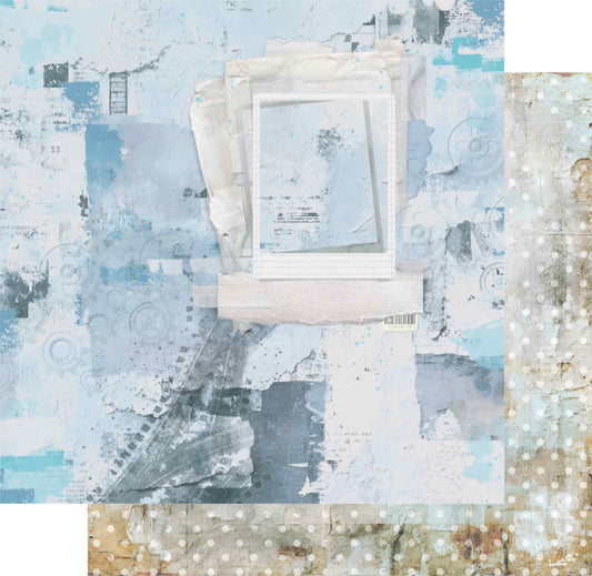 Uniquely Creative Wings and Wheels Next Exit double-sided 12x12 paper showing blue mixed media collage front with polaroid and film strip, and distressed bokeh dot reverse