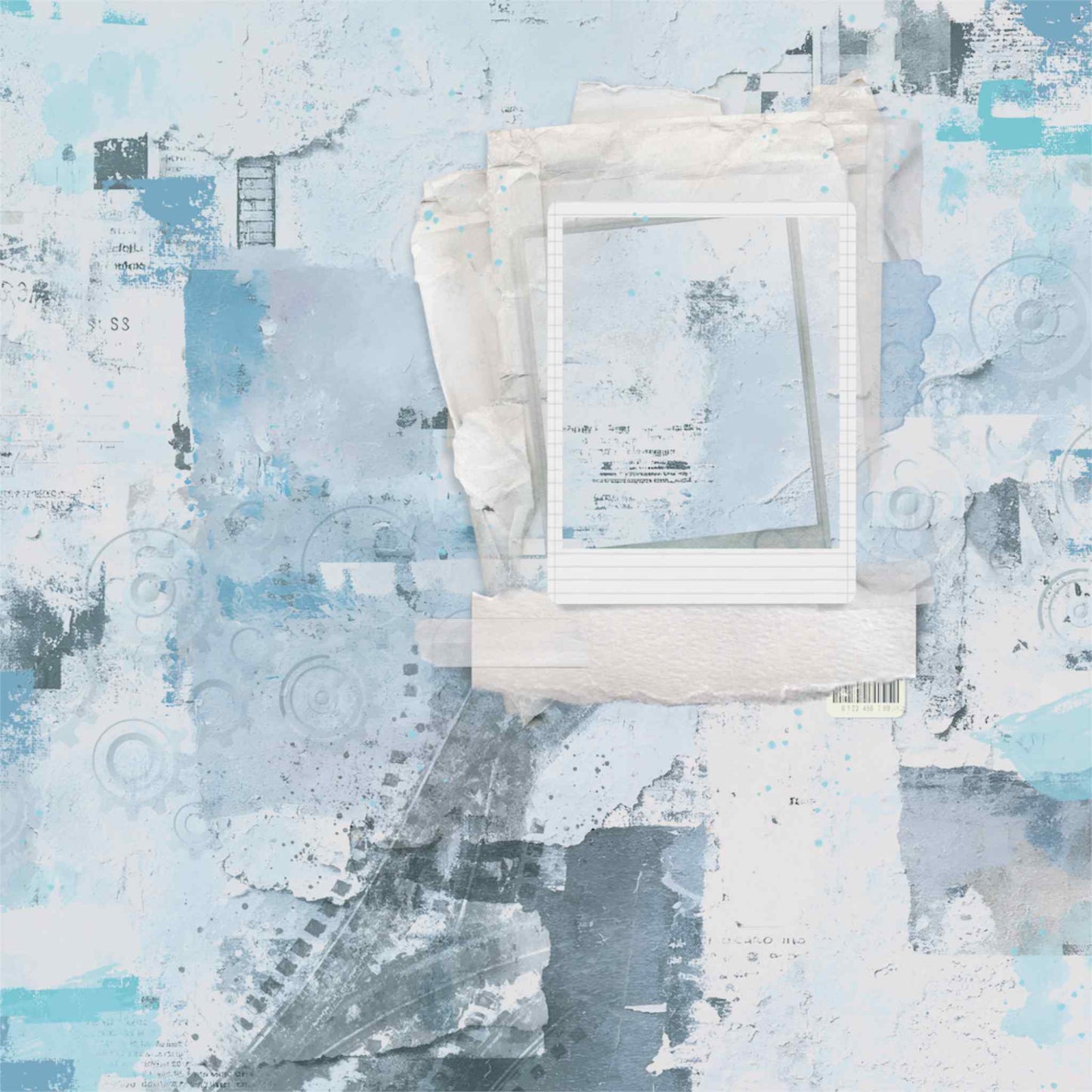 Uniquely Creative Wings and Wheels Next Exit 12x12 paper front side, layered mixed media collage in sky blue and grey with polaroid photo frame, film strip, gears and doily on distressed background 