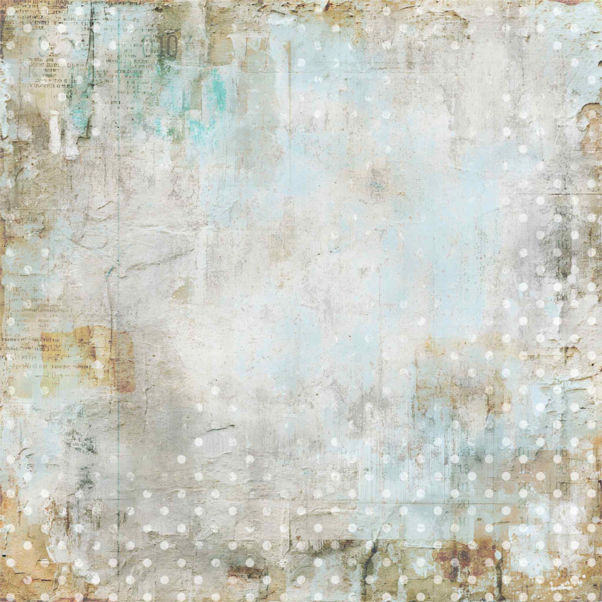 Uniquely Creative Wings and Wheels Next Exit 12x12 paper reverse side, heavily distressed mixed media texture in dusty blue, teal, cream and tan with white bokeh dot overlay