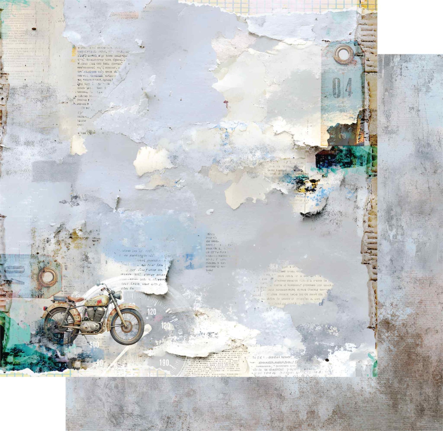 Uniquely Creative Wings and Wheels Open Roads double-sided 12x12 paper showing mixed media motorcycle collage front and soft concrete texture reverse