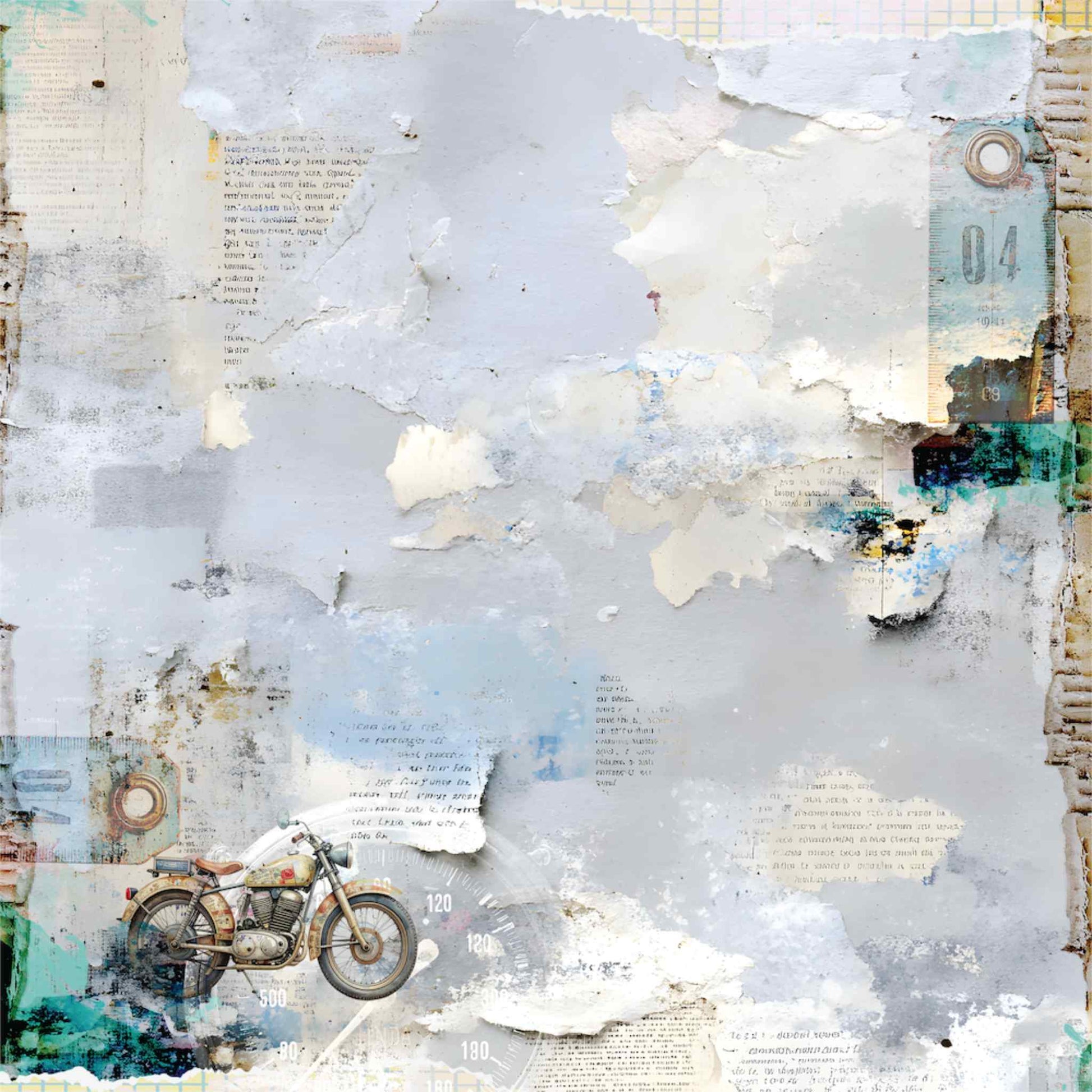 Uniquely Creative Wings and Wheels Open Roads 12x12 paper front side, layered mixed media collage in pale blue and grey with vintage motorcycle, torn newsprint, handwriting, number tag and teal accents