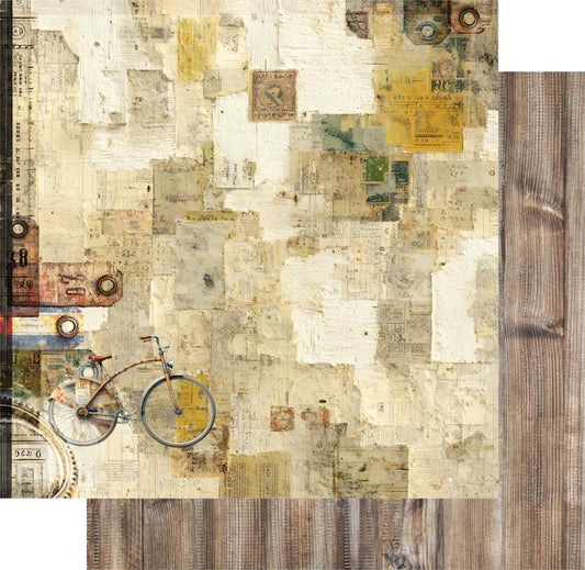 Uniquely Creative Wings and Wheels Ride On double-sided 12x12 paper showing vintage bicycle collage front on layered newsprint and rustic wood plank reverse