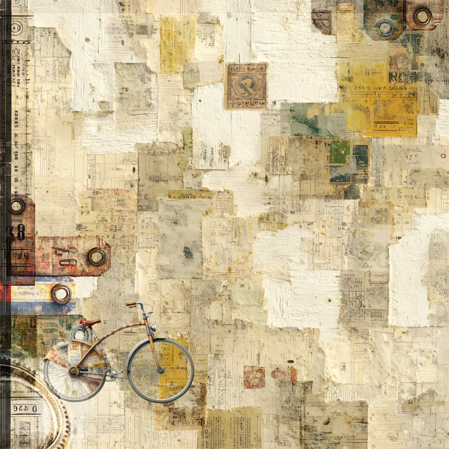 Uniquely Creative Wings and Wheels Ride On 12x12 paper front side, layered mixed media collage in cream and tan with vintage bicycle, torn newsprint, postage stamps, blueprints and industrial hardware details