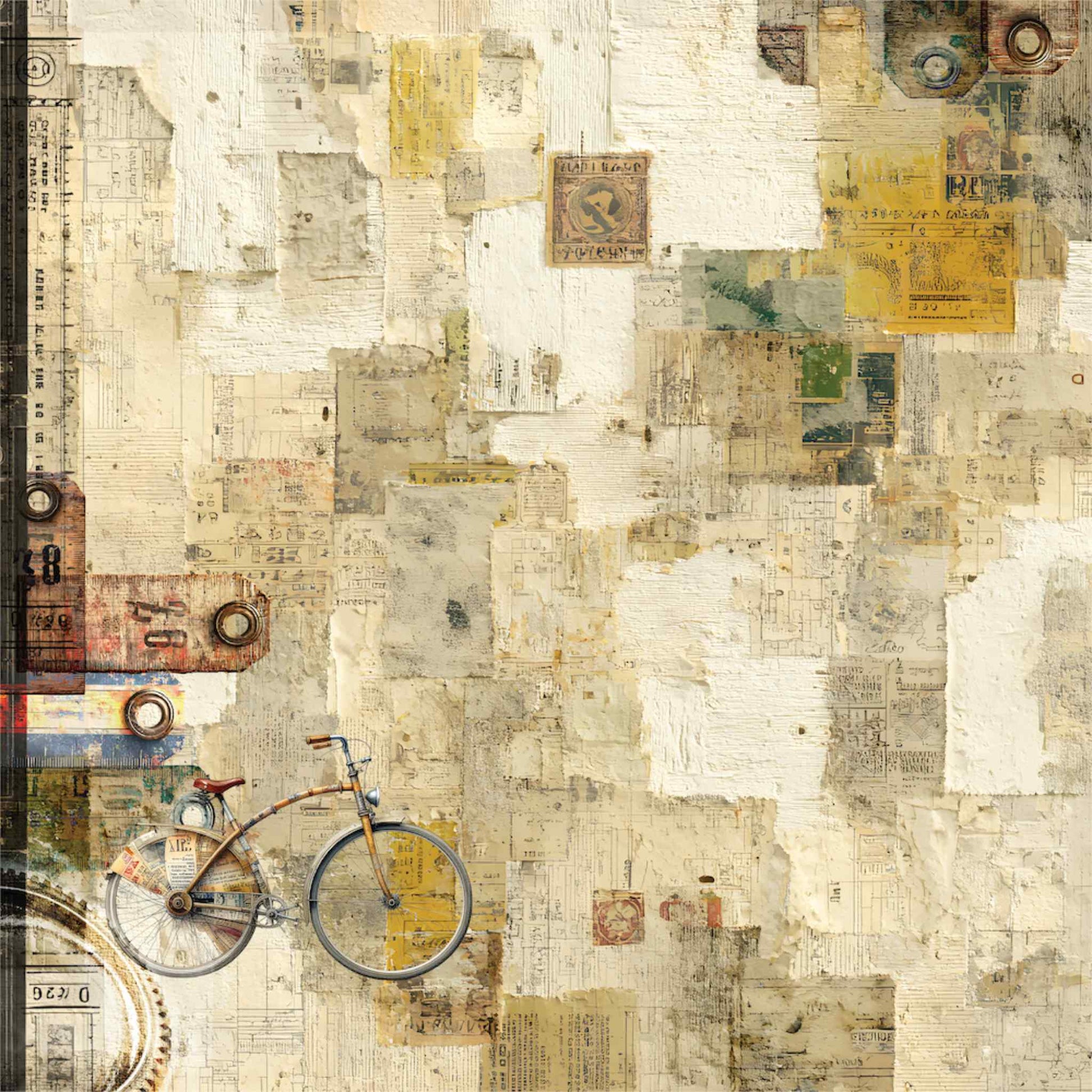 Uniquely Creative Wings and Wheels Ride On 12x12 paper front side, layered mixed media collage in cream and tan with vintage bicycle, torn newsprint, postage stamps, blueprints and industrial hardware details