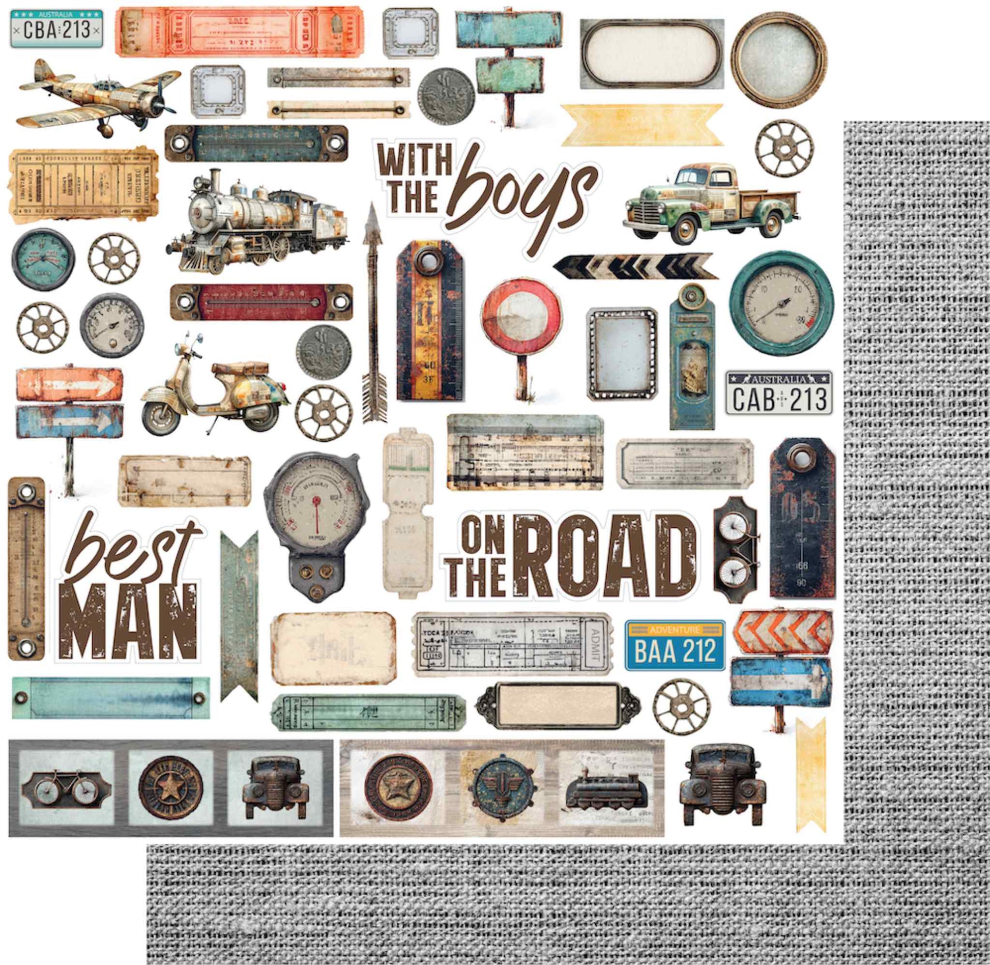 Uniquely Creative Wings and Wheels Speed Limit double-sided 12x12 paper showing cut-apart elements sheet on white front with vintage vehicles, tags and sentiments, and grey linen texture reverse