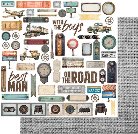 Uniquely Creative Wings and Wheels Speed Limit double-sided 12x12 paper showing cut-apart elements sheet on white front with vintage vehicles, tags and sentiments, and grey linen texture reverse