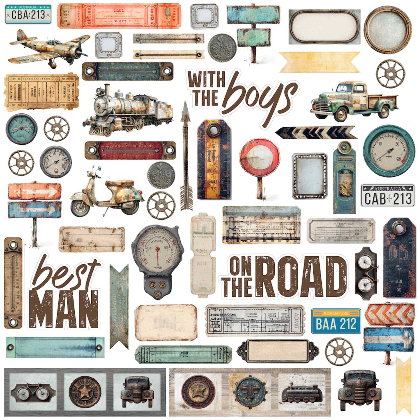 Uniquely Creative Wings and Wheels Speed Limit 12x12 paper front side, cut-apart elements on white background including vintage biplane, steam train, scooter, truck, number plates, gauges, tags, frames, arrows and sentiments including With the Boys, Best Man and On the Road