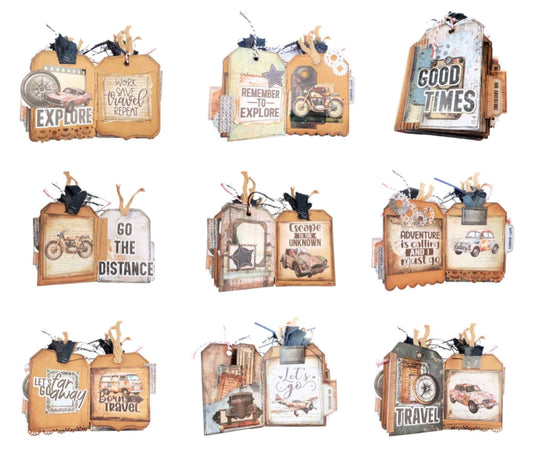 Handmade tag book using Uniquely Creative Wings and Wheels paper, showing nine pages with travel and adventure sentiments including Explore, Good Times, Go the Distance, Escape to the Unknown and Travel, featuring vintage cars, motorcycles and compass embellishments 