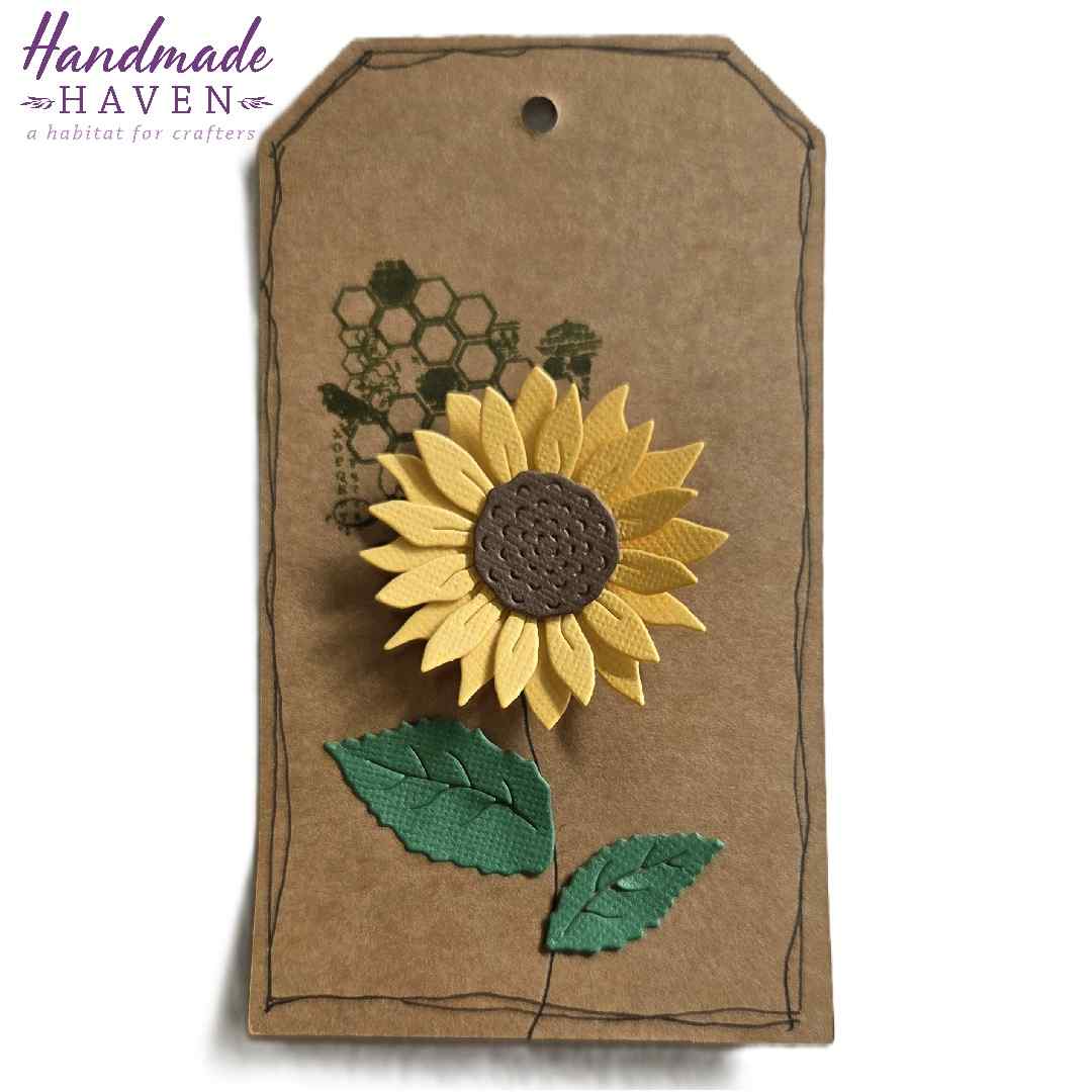 Handmade Haven sample showing a Uniquely Creative Blank Canvas Kraft Tag decorated with a 3D die-cut sunflower and honeycomb stamp design