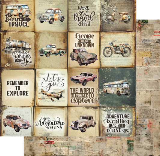 Uniquely Creative Wings and Wheels Ticket to Ride double-sided 12x12 paper showing 16 vintage vehicle journalling cards front and distressed newsprint collage reverse