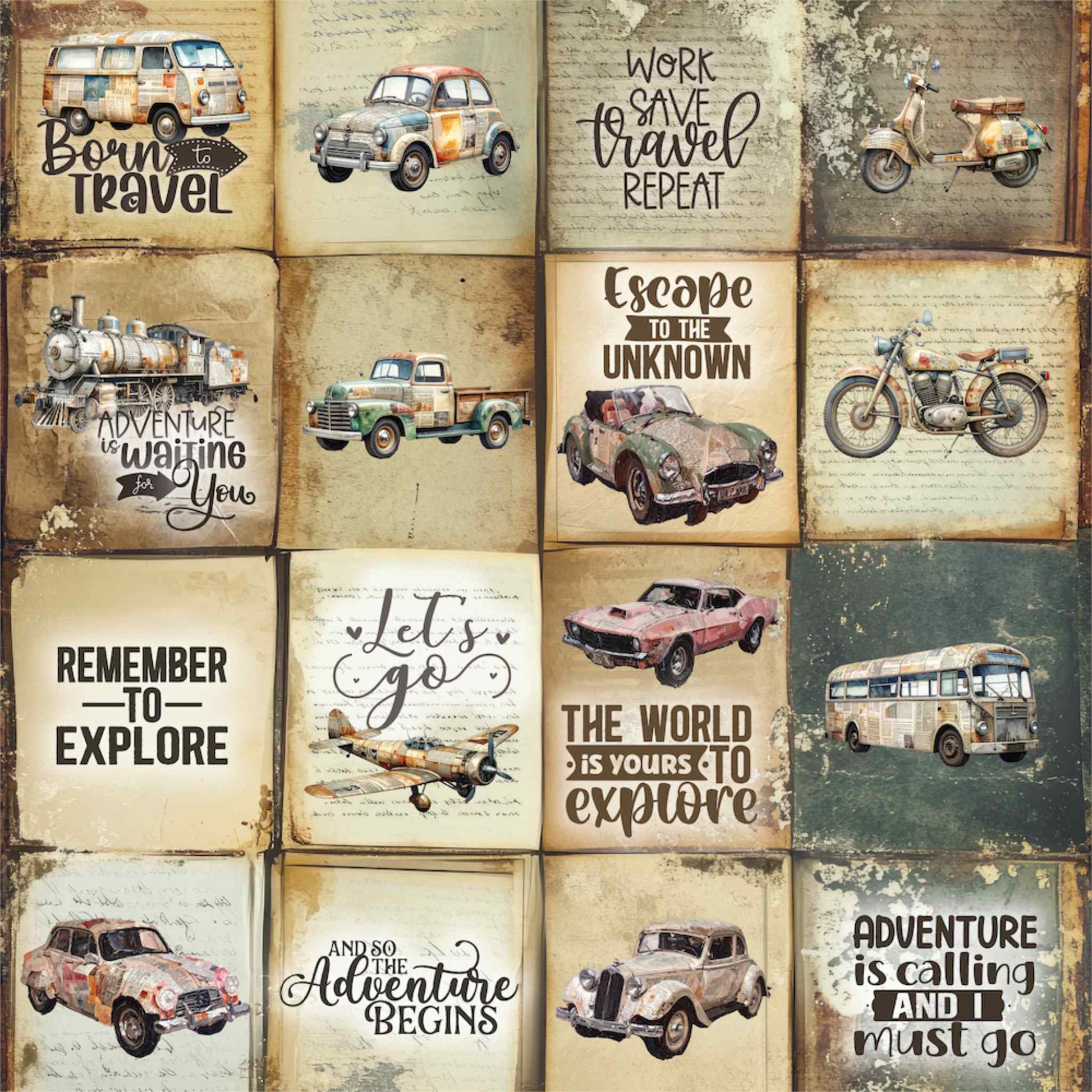 Uniquely Creative Wings and Wheels Ticket to Ride 12x12 paper front side, 16 individual journalling cards featuring vintage vehicles including VW van, steam train, motorcycle, plane and classic cars with travel sentiments including Born to Travel, Escape to the Unknown, Adventure is Calling and Remember to Explore