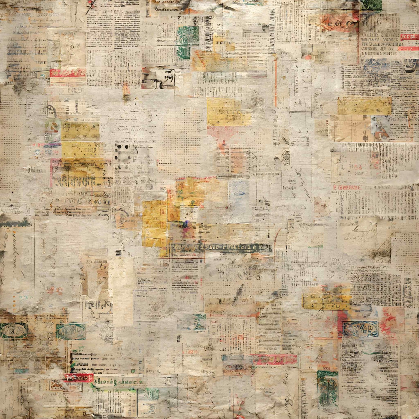 Uniquely Creative Wings and Wheels Ticket to Ride 12x12 paper reverse side, heavily distressed newsprint and postage stamp collage in cream, tan, teal and red 