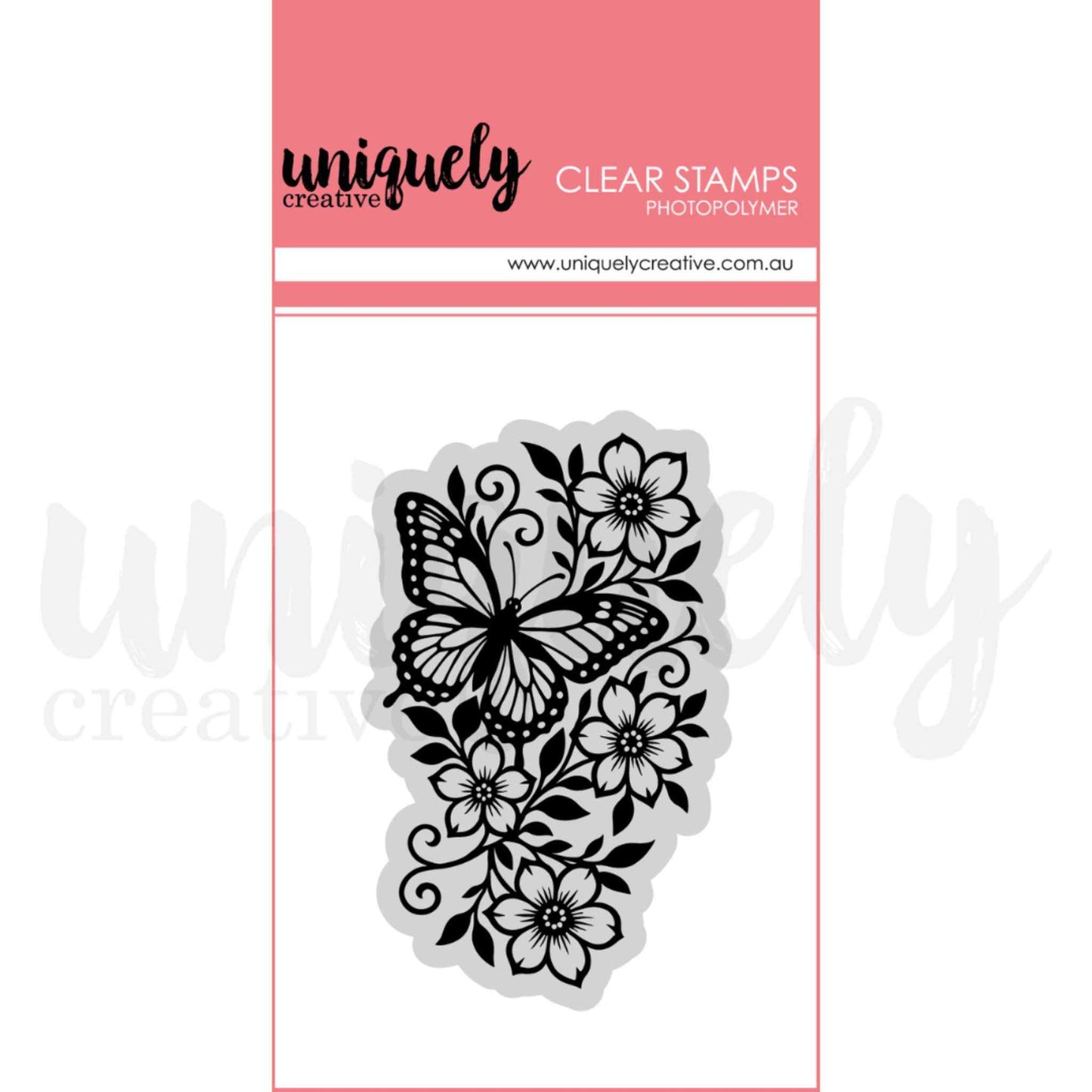 Wings and Wildflowers photopolymer clear stamp by Uniquely Creative — detailed butterfly and wildflower botanical stamp featuring a monarch butterfly among open blooms, swirling vines, and layered leaves