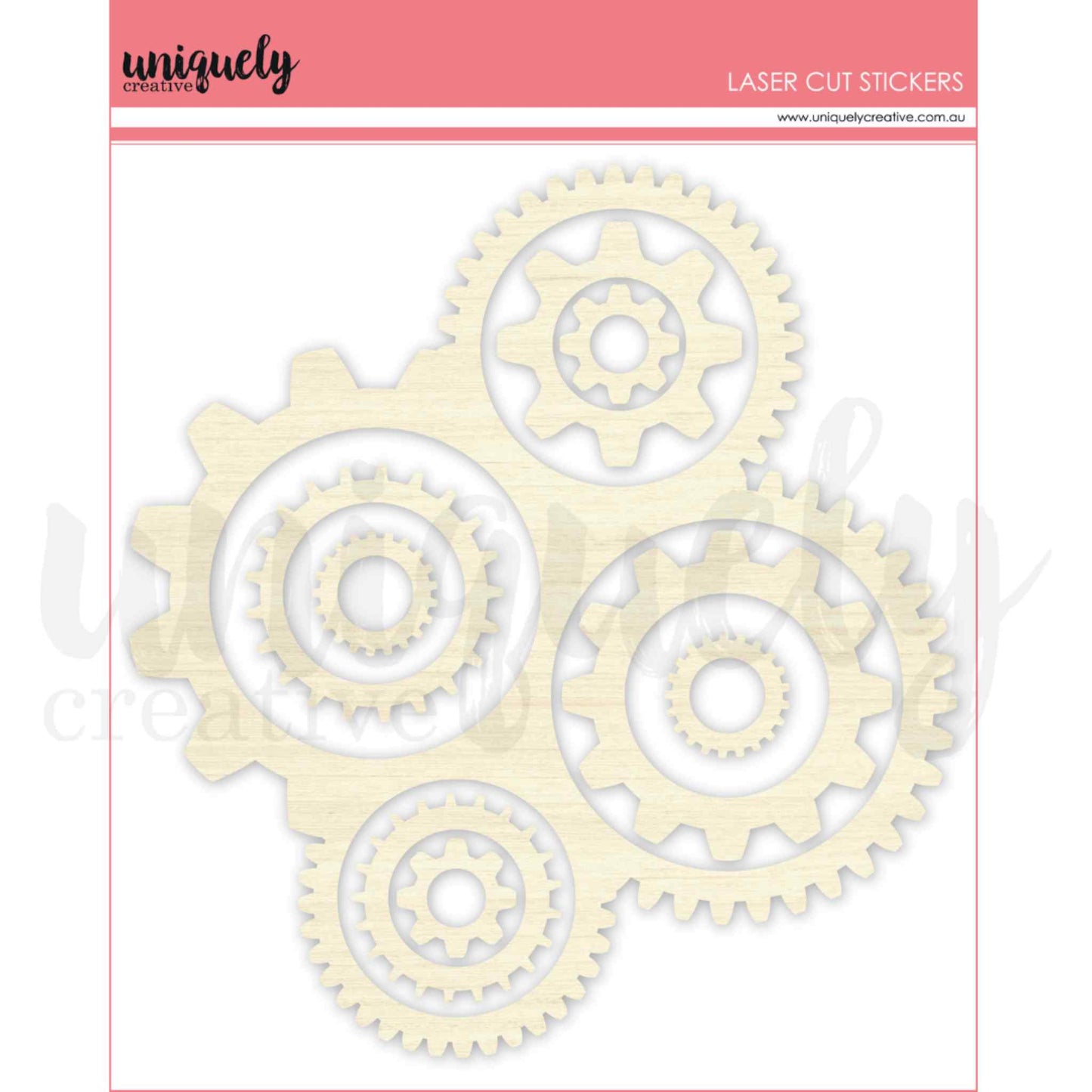 Uniquely Creative Wooden Cogs Laser Cut Stickers showing an interlocking cluster of natural wood cog shapes with adhesive backing, ranging from 1¼" accent pieces to a large 9" × 10" statement cog, 1mm thick