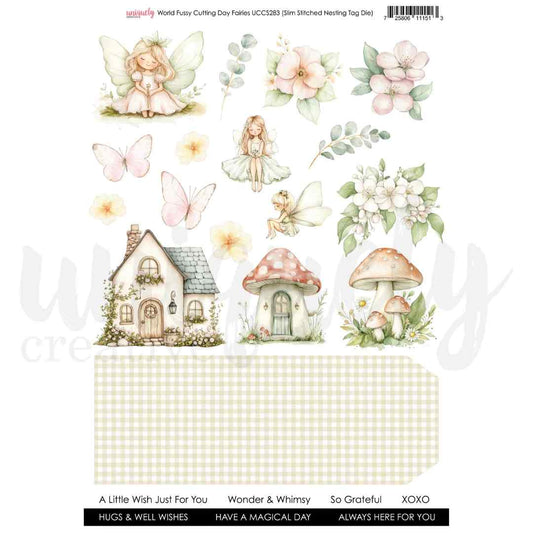 Uniquely Creative Fairies Cut-a-Part Sheet with pastel fairies, butterflies, flowers, a cottage, toadstools, green gingham tags and sentiments