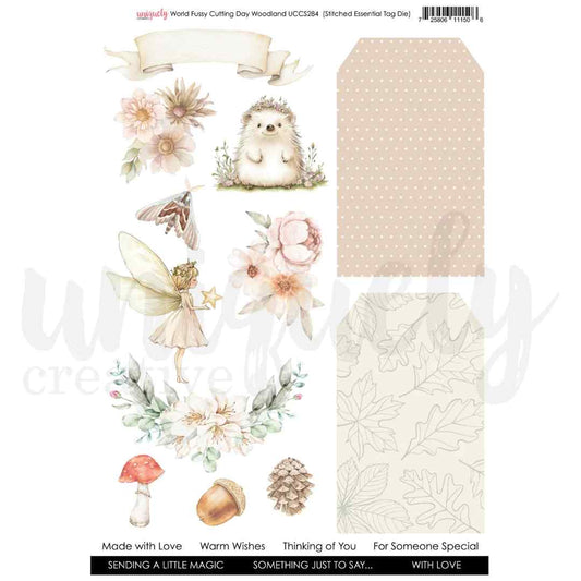 Uniquely Creative Woodland Cut-a-Part Sheet with a fairy, hedgehog, flowers, moth, mushroom, acorn, pine cone, two tag panels and sentiments in soft neutral tones