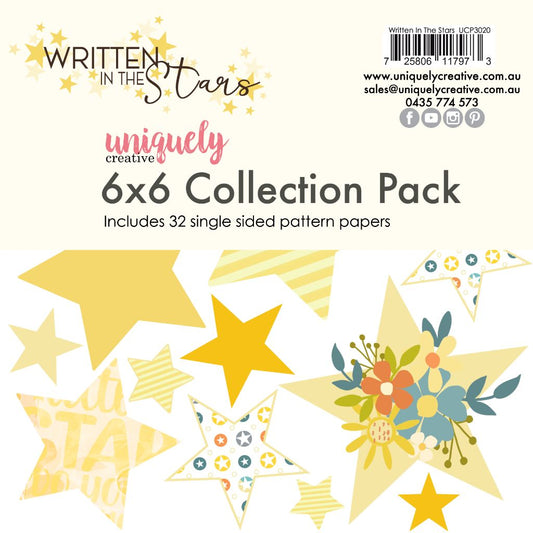 Uniquely Creative Written in the Stars 6x6 Collection Pack showing 32 single-sided pattern papers featuring stars, florals, stripes, dots and sentiments in yellow, orange, teal and grey