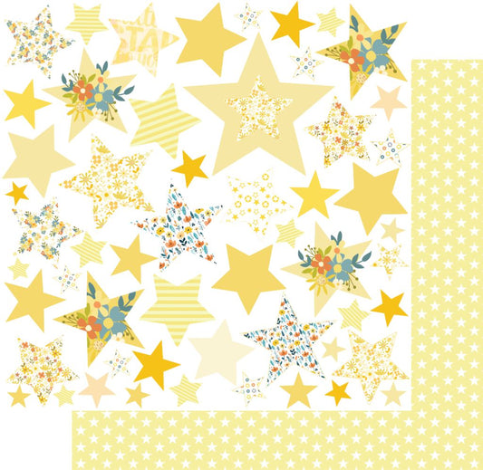 Uniquely Creative Bright Star scrapbook paper showing layered star motifs with yellow star pattern reverse on 12x12 double-sided cardstock