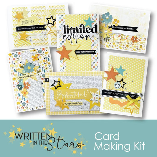 Uniquely Creative Written in the Stars Card Making Kit showing six handmade card samples featuring stars, florals, sentiments like Limited Edition and Beautiful, in yellow, orange, teal and grey colour palette