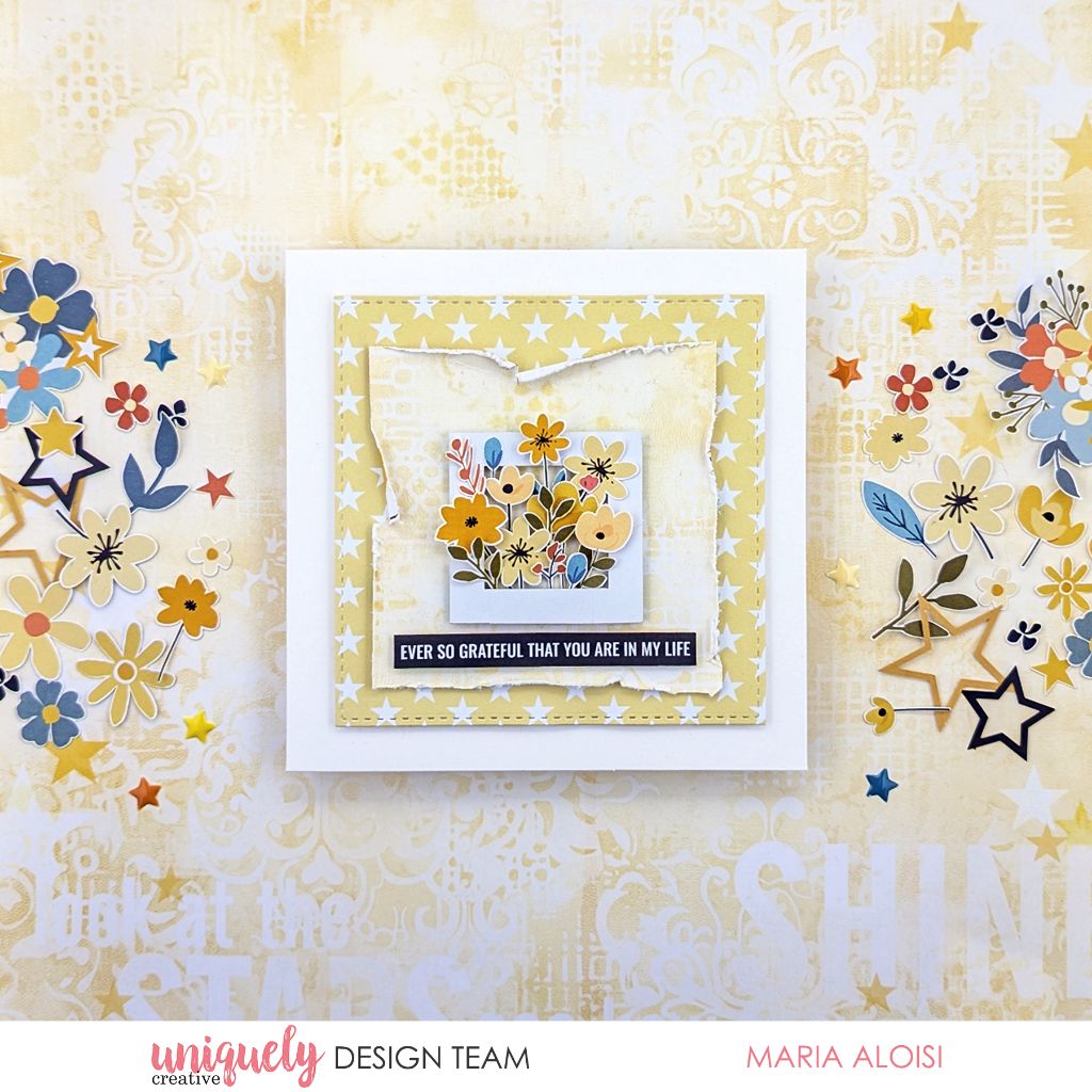 Ever so grateful handmade card using Uniquely Creative Written in the Stars collection featuring yellow star pattern paper, white window with floral die-cuts in yellow and blue, stitched layers and sentiment strip