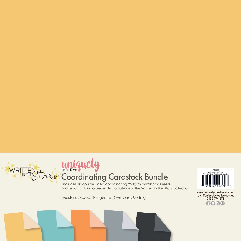 Uniquely Creative Written in the Stars Coordinating Cardstock Bundle showing 10 double-sided 12x12 sheets in Mustard, Aqua, Tangerine, Overcast and Midnight colours on 250gsm cardstock