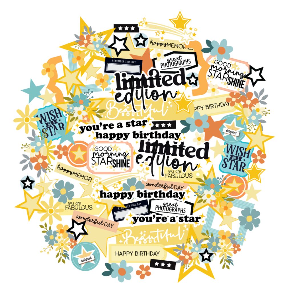 Uniquely Creative Written in the Stars Creative Cuts showing pre-cut embellishments including stars, florals, sentiment pieces like Limited Edition, You're a Star, Happy Birthday, and decorative elements in yellow, orange, teal and black on 300gsm cardstock