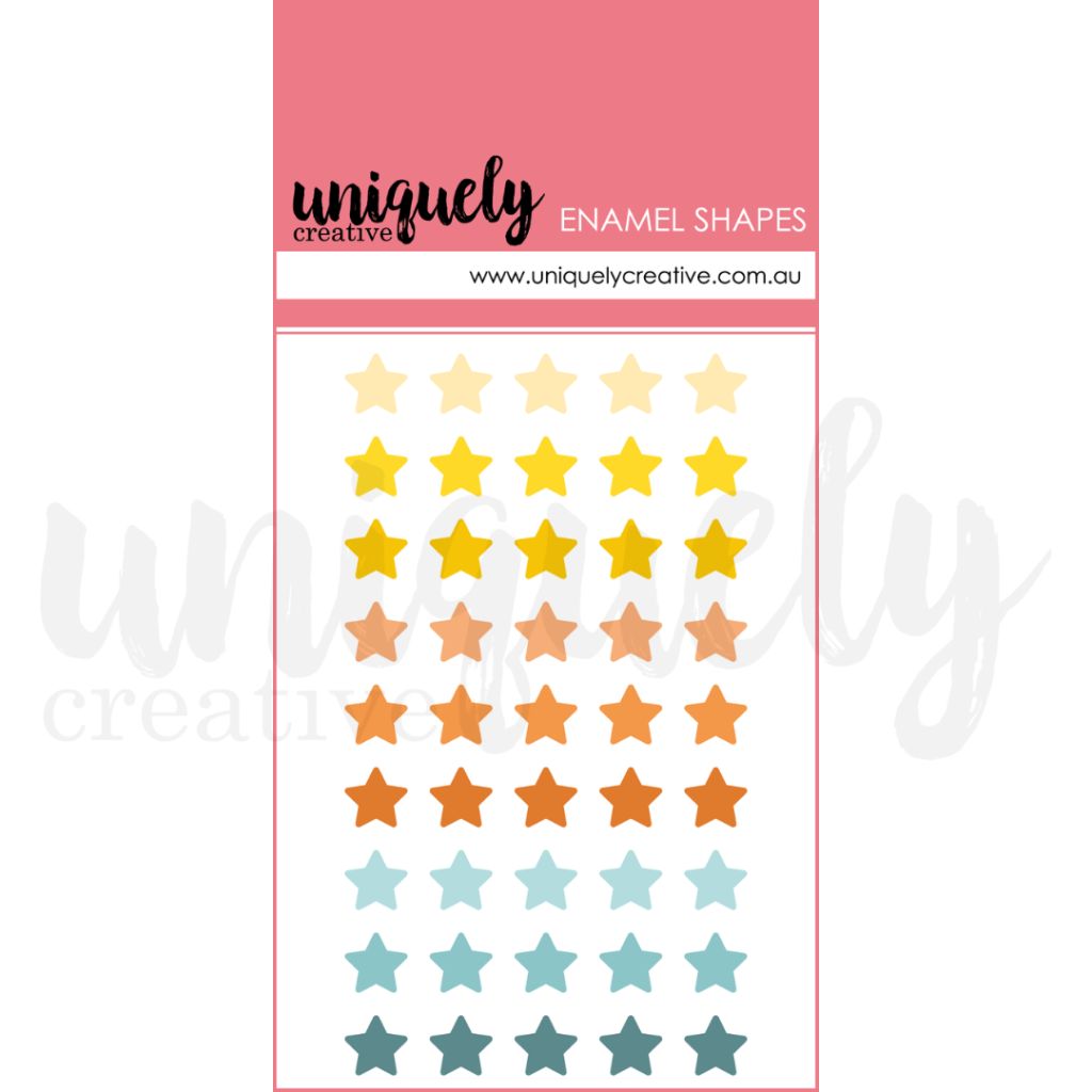 Uniquely Creative Enamel Star Shapes showing 45 self-adhesive glossy star stickers in gradient colours from pale cream through yellow, orange and teal shades, each 1cm in size