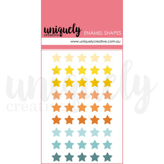 Uniquely Creative Enamel Star Shapes showing 45 self-adhesive glossy star stickers in gradient colours from pale cream through yellow, orange and teal shades, each 1cm in size