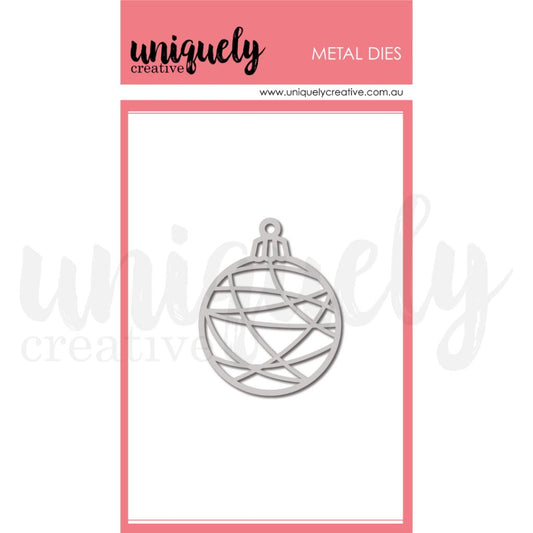 Uniquely Creative Festive Ornament Die showing 2 x 2.75 inch metal die with Christmas bauble design featuring intricate crisscross pattern and decorative hanging loop