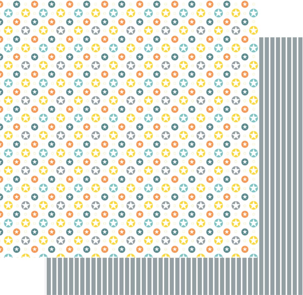 Uniquely Creative Glow scrapbook paper showing diagonal grid of star-filled circles with grey striped reverse on 12x12 double-sided cardstock