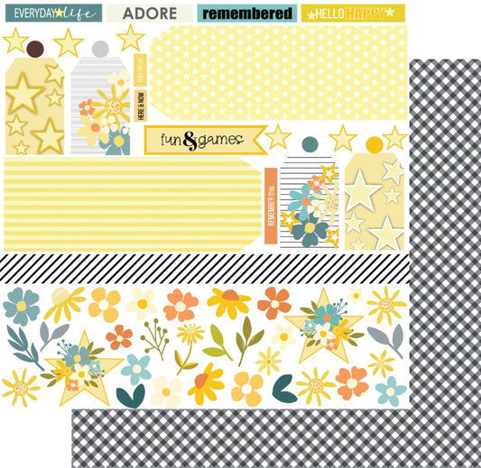 Uniquely Creative Guiding Light scrapbook paper showing cut-apart elements with black gingham check reverse on 12x12 double-sided cardstock