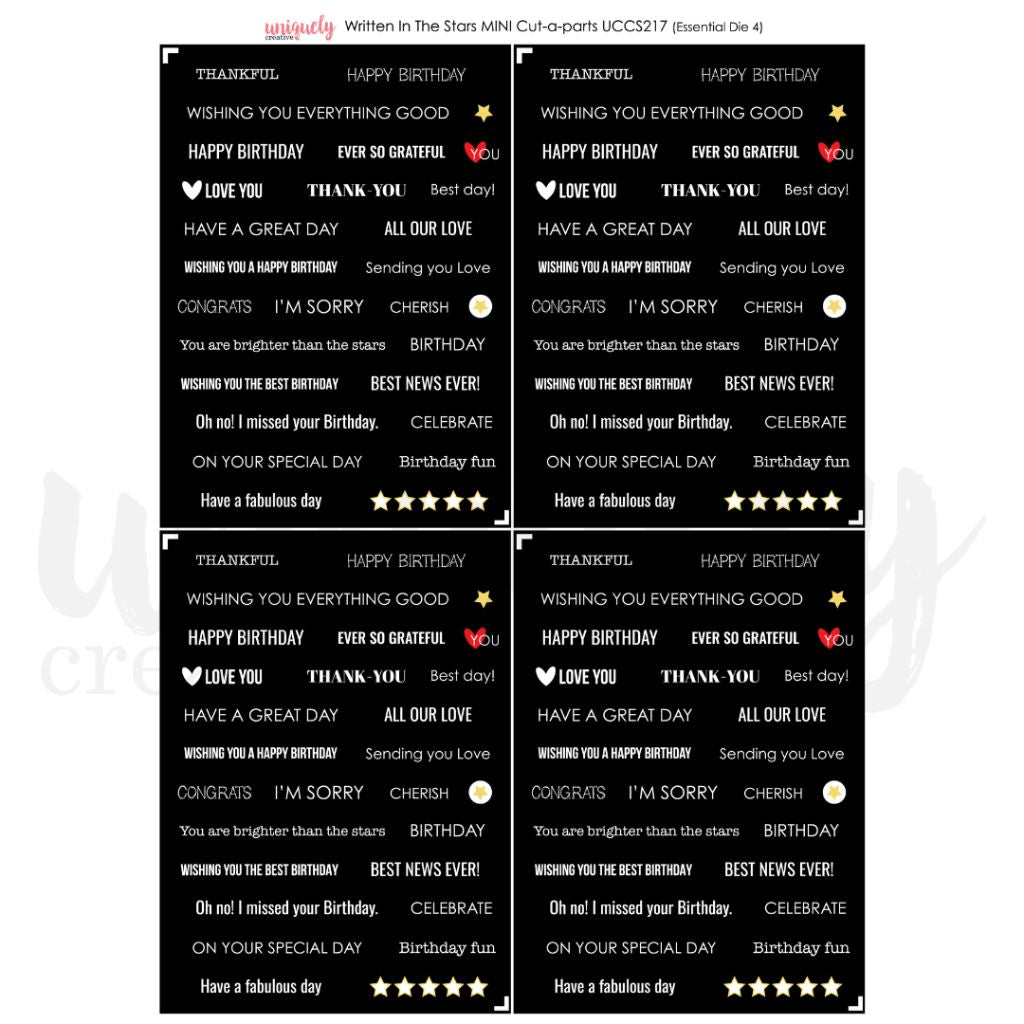 Uniquely Creative Written in the Stars Mini Cut-a-Part Sheet showing white sentiment text on black background including Happy Birthday, Thank You, Love You, Congrats and celebration phrases in various fonts