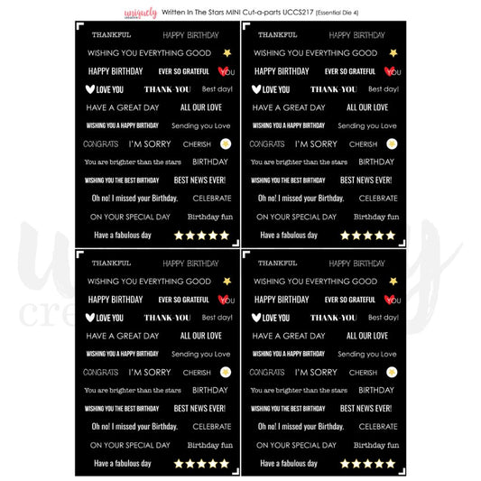 Uniquely Creative Written in the Stars Mini Cut-a-Part Sheet showing white sentiment text on black background including Happy Birthday, Thank You, Love You, Congrats and celebration phrases in various fonts