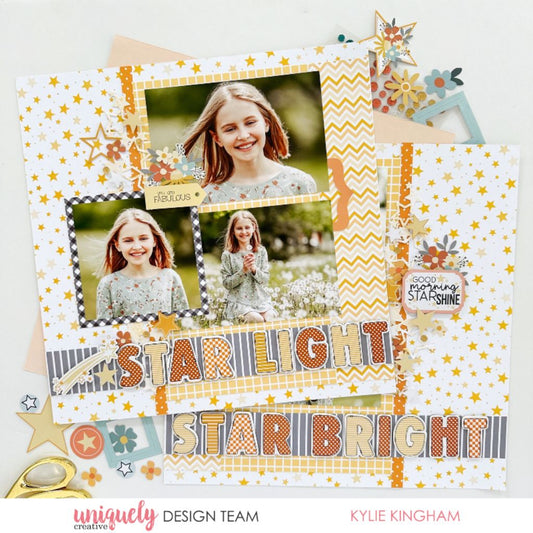 Starlight Star Bright scrapbook layout with three photos using Uniquely Creative Written in the Stars collection featuring yellow chevron paper, gold star patterns, floral embellishments and Good Morning Starshine sentiment