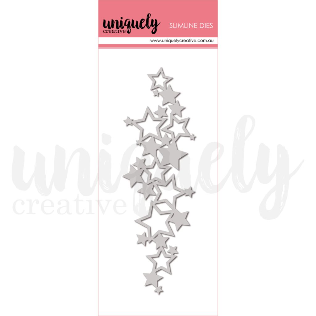 Uniquely Creative Slimline Starry Stack Die showing 7.5 x 2.5 inch metal die with cascading vertical arrangement of outlined and solid stars in varying sizes for slimline cards