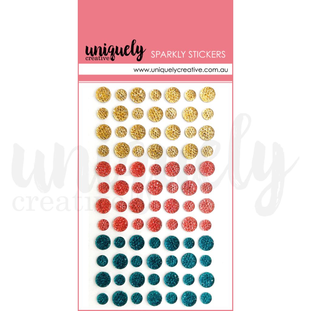Uniquely Creative Sparkly Stickers Celebrations showing 84 self-adhesive glitter circle stickers in gold, red and teal in two sizes 5/16 and 3/16 inches