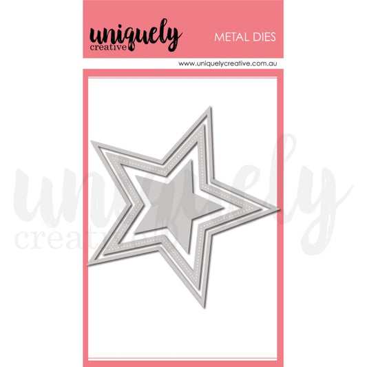 Uniquely Creative Star Die showing 3 nesting metal dies with decorative stitched border detail in sizes 4.25, 3.5 and 1.75 inches for die-cutting machines