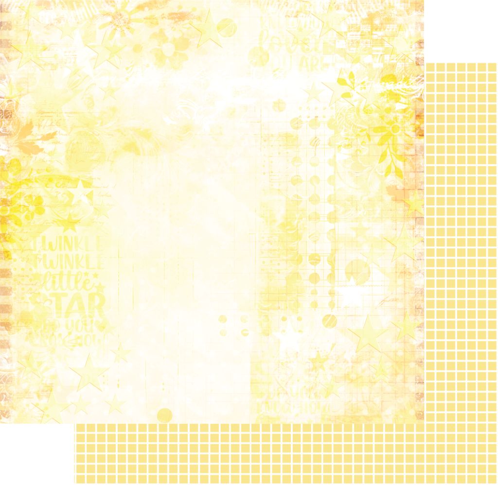 Uniquely Creative Star Dust scrapbook paper showing faded florals and stars with yellow grid pattern reverse on 12x12 double-sided cardstock