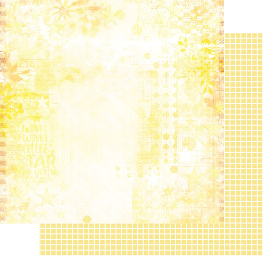 Uniquely Creative Star Dust scrapbook paper showing faded florals and stars with yellow grid pattern reverse on 12x12 double-sided cardstock